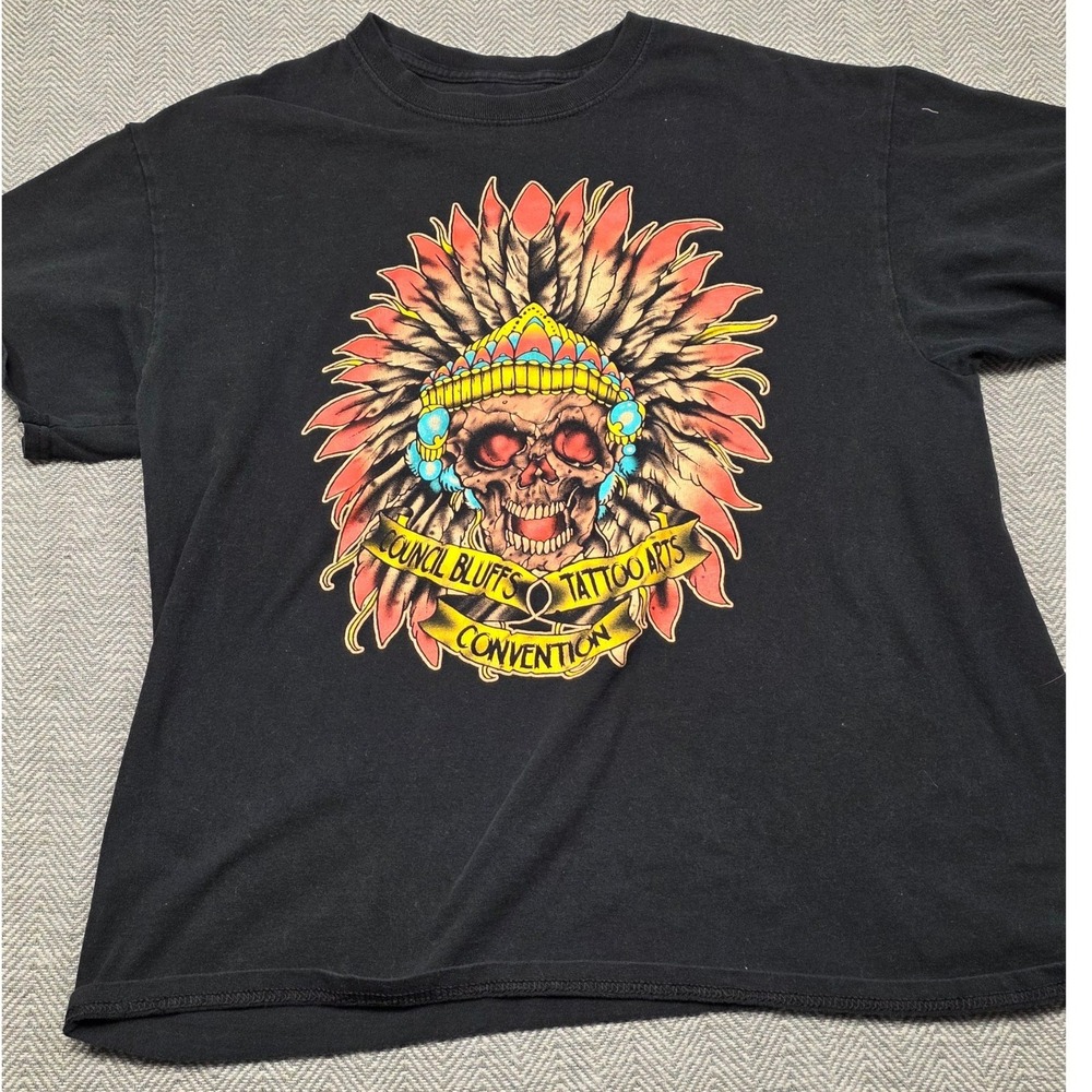 Council Bluffs Tattoo Arts Convention Skull Headdress Graphic T-Shirt Black L